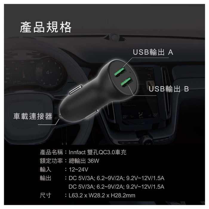 QC3.0雙孔USB黑閃極速車充 - Tesoro Taiwan